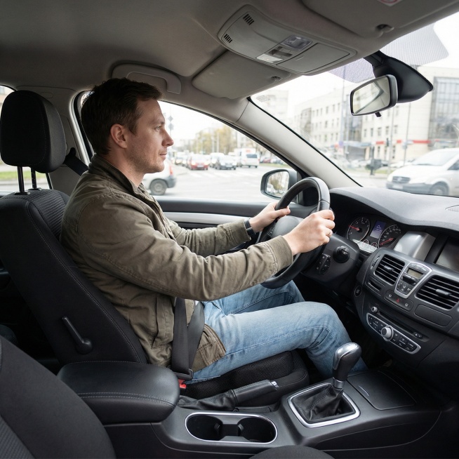 将图中黑色坐垫放在汽车主驾驶座椅上，一位外国男生坐在坐垫上开车，车内环境真实自然预览效果
