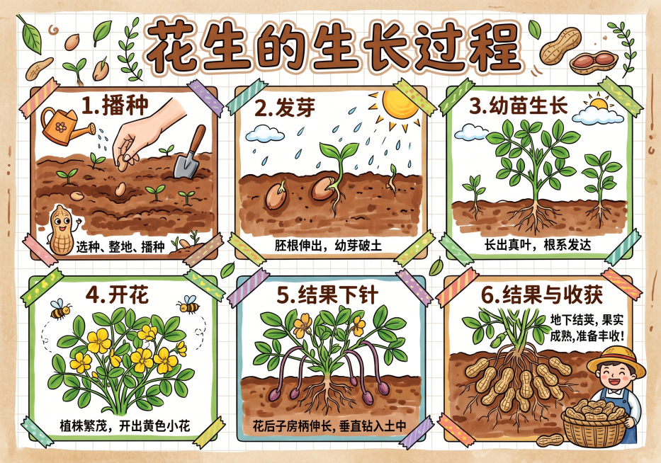 花生的生长过程手抄报，马克笔手绘卡通风格，横版排版，分步骤展示花生从播种发芽、生长、开花到结果下针的完整生长周期，暖棕搭配绿色清新配色，分区图文介绍每个生长阶段预览效果