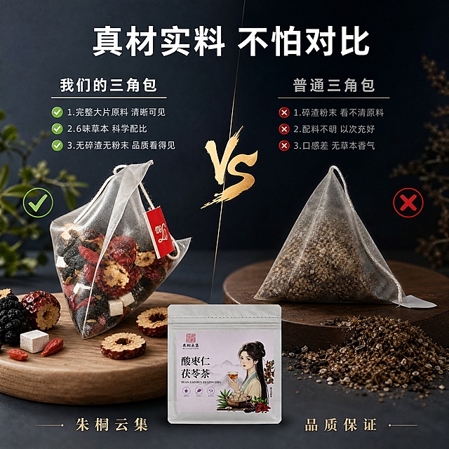 [主图-6] 对比图 我们的真材实料三角包 vs 市面上劣质三角包 优缺点对比
[统一基调] 高级暗调商业摄影风格 深灰蓝渐变背景 木质展台陈列 自然植物点缀 柔和侧逆光 产品真实质感 字体用简约黑体 主标题白色加粗 辅助文案浅灰色 强调色用暖金色 整体氛围静谧高级
[画面] 画面左右分栏对比布局 左侧是我们的产品 右侧是市面普通产品 中间有VS分隔 左侧 我们的真材实料 展示透明三角茶包 内有大片完整原料 红枣片 桑葚 枸杞 茯苓块清晰可见 颗粒大而完整 茶包下方放几样真实原料 背景浅 光线明亮 有绿色对勾图标 右侧 市面普通三角包 展示茶包内是细碎粉末状 看不清完整原料 颜色暗沉 茶包下方是细碎渣状物质 背景稍暗 有红色叉号图标 底部中间放一袋我们的酸枣仁茯苓茶产品（保持原包装外观） 作为品牌展示
[光影质感] 商业摄影质感 左侧明亮通透 原料有光泽 右侧稍暗 质感差 形成对比 整体光影统一在高级暗调风格下
[配色] 背景深灰蓝渐变 左侧暖光高亮 右侧冷调偏暗 左侧绿色对勾 右侧红色叉号 文字白色+浅灰色
[文字版式] 顶部大标题 真材实料 不怕对比 白色粗黑体 中间VS字样 暖金色 左侧上方标题 我们的三角包 白色粗体 下方3条优点 带绿色圆点 1.完整大片原料 清晰可见 2.6味草本 科学配比 3.无碎渣无粉末 品质看得见 右侧上方标题 普通三角包 浅灰色粗体 下方3条缺点 带红色叉号 1.碎渣粉末 看不清原料 2.配料不明 以次充好 3.口感差 无草本香气 底部产品旁小字 朱桐云集 品质保证 暖金色 文字左右对称 对比清晰
[输出要求] 1:1正方形 2K分辨率 对比清晰 文字清晰 整体高级有质感 负向 变形 错字 模糊 杂乱 水印 平台Logo 贬低竞品过度夸张 绝对化用语