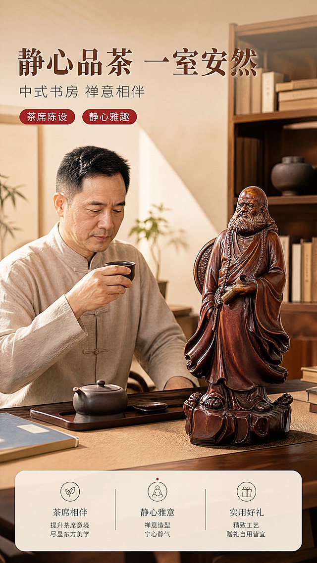 [商品] 使用【图34】正面立像；保留深红棕实木色泽、长须浓眉、双手持经卷、宽袖长袍垂坠衣纹、背部圆形编织物件、树根山石状底座，结构与比例不变。
[画面] 使用瞬间，真实使用型：一位亚洲中年男士身穿素色中式上衣，坐在中式书房茶席旁，手部自然端起茶杯并轻放摆件于桌面，动作稳定不夸张；摆件位于前景桌面右侧占画面约35%，人物位于中景左侧，后景为浅木书柜与暖米墙面；产品朝向与人手动作符合真实摆放逻辑，共3层环境元素。
[视觉] 套系策略：风格=中式禅意高级商业摄影加大字报信息排版；标题字=宋体类衬线粗体；正文字=细黑体无衬线；主色=暖米杏与深红棕；背景延展=基于暖米杏与浅胡桃木做深浅层级与细腻木质质感；强调色=朱砂红仅用于小面积标签与引线；标题色=深胡桃木棕；正文色=中暖灰；组件=圆角浅底信息卡与细线图标引线；光影=左上45度暖柔光。
[文字] 左上负空间横排主标题“静心品茶 一室安然”，副标题“中式书房 禅意相伴”，两个小标签“茶席陈设”“静心雅趣”，全部横排不遮挡产品与人物面部。
[规格] 9:16竖版，分辨率4K，负向：产品变形、错字、文字竖排或旋转、水印、平台Logo、面部扭曲、多余手指、畸形手、非亚洲面孔、冷蓝或冷灰主色、悬浮感。