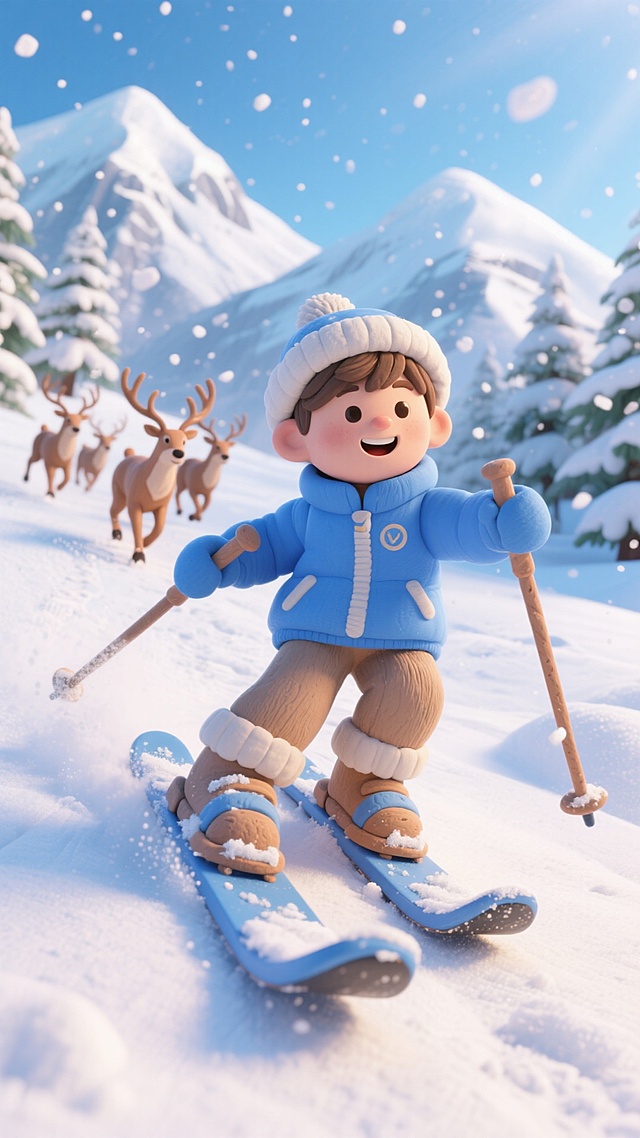 一个身着蓝色冬装的孩子在玩双板滑雪，拿着雪杖，夸张构图，仰视视角，滑雪板即将冲出屏幕，板底清晰可见，背景是白雪覆盖的山脉、雪林，天空飘雪，麋鹿在身后追赶。