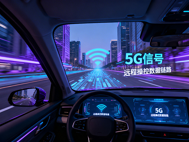 5G云代驾科技概念图，未来感城市道路，车辆行驶中，车内虚拟驾驶界面显示5G信号、远程操控数据链路，车外有数字信号传输特效，蓝紫科技色调，科幻感，高清写实风格