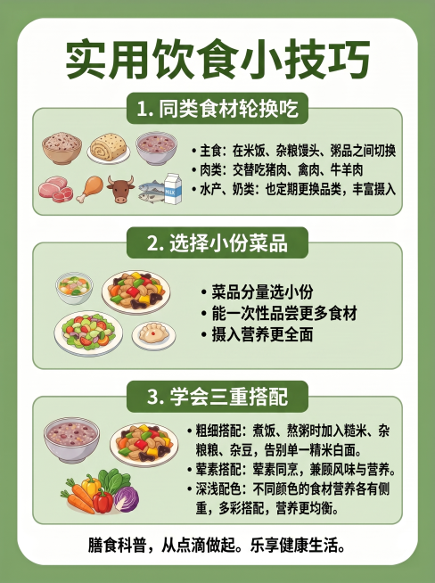 生成同系列膳食科普海报，延续参考图绿色健康风格：绿色外背景，白色圆角内框，大标题是"实用饮食小技巧"，分三个浅绿色圆角区块展示：1. 同类食材轮换吃：主食在米饭、杂粮馒头、粥品之间切换；肉类交替吃猪肉预览效果
