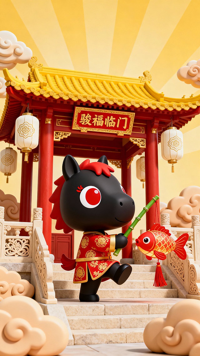 微仰视视角，暖黄色调场景，柔和全局光照搭配暖黄放射状渐变光效。主体为古宅朱红门廊，门廊立柱红漆描金，屋顶黄色琉璃瓦，檐下悬挂 “骏福临门” 金边红底金字牌匾。门廊两侧挂有带金线花纹的米白灯笼，周围环绕立体暖米色祥云模型，门廊栏杆雕刻缠枝纹。画面中央是占比 30% 的黑色大头 Q 版黑马卡通 IP，面部仅红色巨眼（有眼白） + 红色可爱下睫毛，短小红鬃毛，侧身朝向门廊，单脚翘踢站立，身着红底金纹团花唐装，手持绿色竹节杆挑着一个金鱼造型灯笼（红色流苏）。门廊底部是米色石阶，背景为暖黄放射状渐变，门廊后方隐约可见古宅朱门。