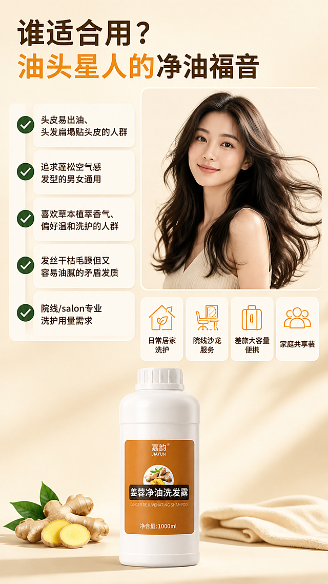 电商详情页第6张-适用人群与场景页，油头星人的净油福音。本张使用【图1】作为产品小图，搭配蓬松秀发亚洲女模特展示效果。
[氛围/风格] 人群画像+场景卡片式，温暖亲切，种草感强。
[元素布局] 左侧为适用人群打钩列表，右侧上方为蓬松飘逸秀发的模特半身图（亚洲女性，展示使用后效果），右侧下方为四个场景图标横排；底部产品瓶身图；背景浅米色。
[光影质感] 模特发丝有光泽蓬松感，整体柔光暖调，卡片轻微投影。
[配色色系] 全局底色浅米色#FAF3E6；主色暖姜黄#D4942A；文字深棕色#5C3A1E；勾选图标墨绿色#2D5A3D。
[视角构图] 左右分栏布局，左文右图，阅读动线顶部标题→左侧人群列表→右侧模特+场景→底部产品。
[文字版式] 顶部大标题「谁适合用？油头星人的净油福音」；左侧适用人群五条打钩：「头皮易出油、头发扁塌贴头皮的人群」「追求蓬松空气感发型的男女通用」「喜欢草本植萃香气、偏好温和洗护的人群」「发丝干枯毛躁但又容易油腻的矛盾发质」「院线/salon专业洗护用量需求」；右侧场景四个图标横排配文字：「日常居家洗护」「院线沙龙服务」「差旅大容量便携」「家庭共享装」，每个场景配对应小图标。
[负向提示词] 模特面部变形，文字错乱，颜色偏差，水印，文字过小，发丝不自然。