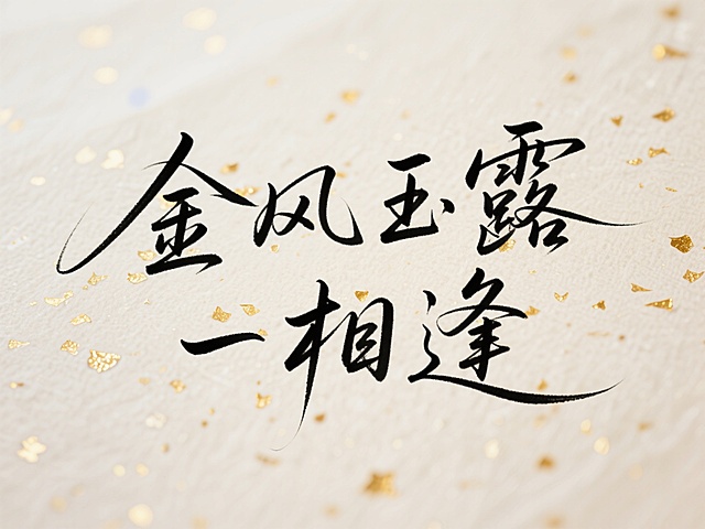 手写文字“金风玉露一相逢”，诗意古风， 瘦金体书法 / 洒金宣纸纹理"