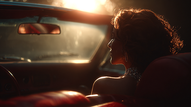 Luxury perfume advertisement storyboard, third shot: lens pushes into the interior of red convertible, elegant woman sitting in driver seat, warm golden sunset light pouring through window, soft leather interior, comfortable and luxurious atmosphere, cinematic shot transition