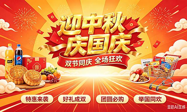 将画面中央的“迎中秋 庆国庆”黑色主题文字改为金色立体字，保持字体形状、大小、位置和立体描边效果不变，金色要有金属光泽质感，其余所有元素（月饼、饮料、水果、购物车、红包、烟花、祥云、底部按钮、红色飘带文字等）全部保持原样不变