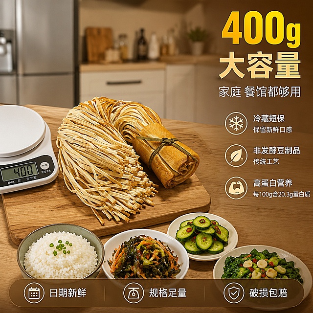 [主图-5] 400g大容量家庭装规格与服务承诺图
[氛围风格] 实惠家庭装风格 稳重可靠 暖木色调
[画质] 商业产品摄影质感 产品清晰真实 包装完整 光线均匀柔和
[元素] 画面主体为两捆五香干豆腐丝并排摆放在木质砧板上 展示400g大容量的分量感 旁边放有家用电子秤 显示屏显示400g数字 直观展示足量 砧板旁摆放几碟家常小菜与一碗米饭 营造家庭用餐场景 背景为虚化的厨房环境 冰箱 橱柜等 暗示冷藏短保的储存方式 保持干豆腐丝产品外观 物理结构 材质质感 颜色与输入产品图一致 杜绝任何变形和色差 精细化处理 商品主体占比约60%
[光影] 柔和的厨房顶光 产品表面均匀受光 干豆腐丝的金黄色泽真实呈现 阴影自然柔和 整体光线明亮通透 突出产品的新鲜与分量感
[配色] 主色暖木棕与豆金黄 辅色厨房浅灰与白 强调色新鲜绿葱花点缀
[视角构图] 45度俯视视角 产品居中 电子秤在左侧作为参照物 右侧留出文案空间 前后景分层 营造空间感
[文字版式] 右侧负空间右对齐 主标题 400g大容量 数字400g超大号金黄色粗体 下方辅助文案 家庭 餐馆都够用 细宋体 中部三行卖点 冷藏短保 保留新鲜口感 非发酵豆制品 传统工艺 高蛋白营养 每100g含20.3g蛋白质 每行配小图标 底部半透明悬浮条 横向排列三个服务承诺 日期新鲜 规格足量 破损包赔 图标加文字 白字深棕底
[输出要求] 1:1比例 文字清晰锐利 超高清商业产品摄影质感
[负向提示词] 变形 文字错乱 产品图模糊 背景杂乱 水印 电商平台Logo 多余的手 畸形手