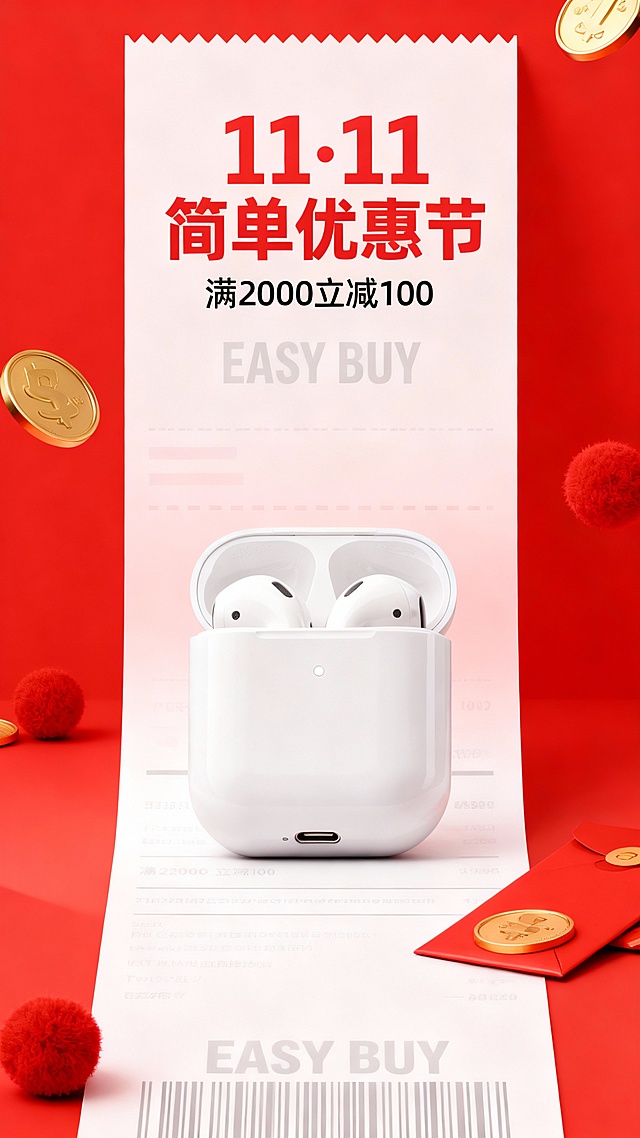 背景是一张大型长条购物小票，主体压着购物小票，小票上主标题为红字“11·11 简单优惠节”，副标题为“满2000立减100”，“EASY BUY”，金色硬币、红色毛绒球、红包等元素点缀，渐变红色调购物氛围。