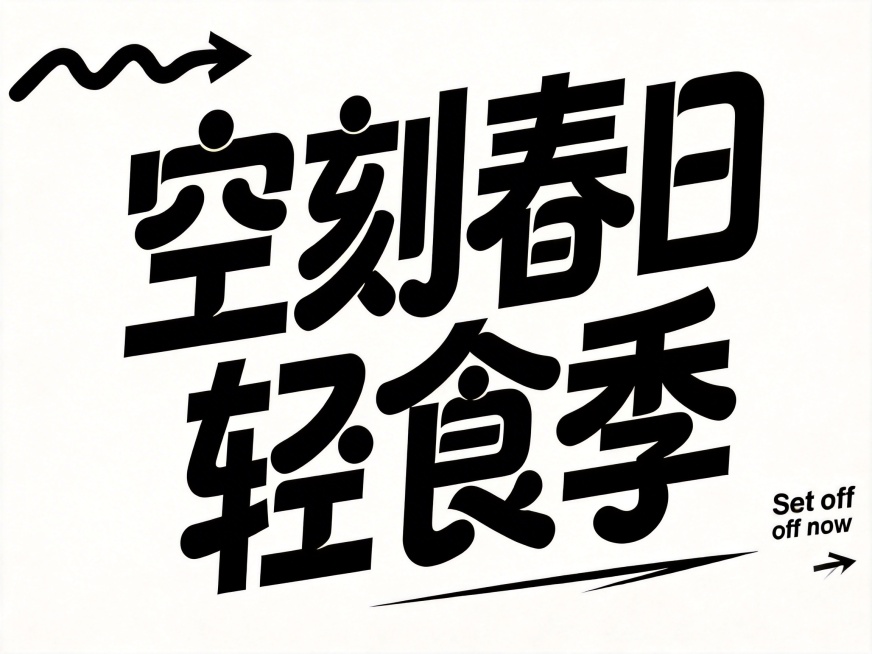 去掉所有荧光亮绿色底色装饰，保留干净的纯白色背景，保留黑色的“空刻春日轻食季”艺术字以及所有黑色箭头和英文装饰，保持文字排版和风格不变。预览效果