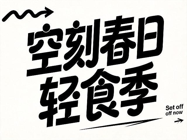 去掉所有荧光亮绿色底色装饰，保留干净的纯白色背景，保留黑色的“空刻春日轻食季”艺术字以及所有黑色箭头和英文装饰，保持文字排版和风格不变。