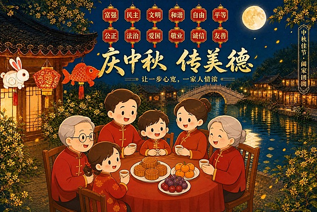 基于这张中秋海报进行修改：
1. 将画面下方的人物聚餐场景改为更简约的动漫风格，减少细节，人物造型更加卡通化、扁平化，线条简洁明快
2. 人物数量保持6人（爷爷奶奶、爸爸妈妈、一儿一女），围坐圆桌的构图不变，人物表情温馨开心
3. 桌上的菜肴简化处理，不需要那么多菜品细节，保留月饼、水果等代表性食物，整体更加简洁干净
4. 人物服饰保持红色系中式服装，但纹理和褶皱细节简化
5. 顶部12个核心价值观标签、主标题"庆中秋 传美德"、副标题"让一步心宽，一家人情浓"、右侧竖排文字、背景建筑水景月亮、左侧屋檐灯笼鱼挂饰等所有上方和背景元素全部保持原样不变
6. 整体色调和暖光氛围保持一致，人物区域风格统一为简约动漫风，与背景协调融合