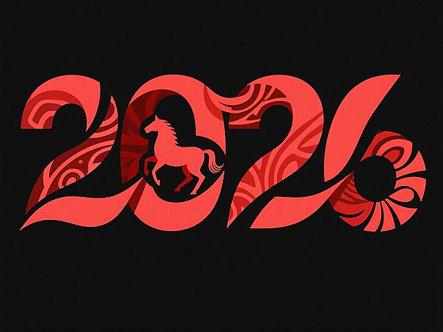 “2026”红色剪纸艺术字，数字笔划融入一匹马匹纹样装饰，四个数字必须清晰可辨，黑底