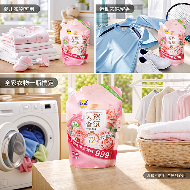 [主图-4] 奇强洗衣液家庭洗衣房多场景适用图
[氛围风格] 温馨家庭生活感 真实自然 阳光充足
[画质] 商业摄影质感 自然光效 场景丰富真实 画面干净有生活气息 2K超清
[元素] 画面采用三宫格上下布局 展示三个洗衣场景。上左格 婴儿衣物清洗场景 叠放整齐的婴儿服 柔和的粉色调 旁边放着洗衣液。上右格 运动衣物清洗场景 运动T恤 运动鞋 充满活力。下格 主视觉 家庭洗衣房全景 奇强天然香氛洗衣液袋装产品放在洗衣机旁的台面上 正面展示 外观与输入图完全一致 杜绝变形色差。洗衣机里露出彩色衣物 旁边有洗衣篮 晾衣架 背景是明亮的窗户 阳光洒入。三格之间有细白边分隔 整体统一在温馨家居风格中。画面禁止出现多余的手 多余的手指 畸形手 融合手指 手部扭曲 肢体穿模 人物面部扭曲 关节反折。
[光影] 每个场景都有自然柔光 主场景下方光线最明亮 整体光线统一 温暖通透
[配色] 主色暖木色 白色 柔粉色 辅色浅蓝 浅绿点缀 整体温馨和谐
[视角构图] 三宫格拼图布局 下方主格占比大 上方两格小 产品在下方主格中清晰展示
[文字版式] 每格左上角有短标签 分别为"婴儿衣物可用""运动去味留香""全家衣物一瓶搞定" 白色字体在半透明深色条上 底部主格右下角有"温和不伤手 全家放心用"小字 文字不遮挡产品 清晰可读
[输出要求] 1:1比例 文字清晰锐利 超高清商业摄影质感
[负向提示词] 变形 文字错乱 产品图模糊 背景杂乱 水印 电商平台Logo 多余的手 多余的手指 畸形手 融合手指 手部扭曲 肢体穿模 人物面部扭曲 关节反折