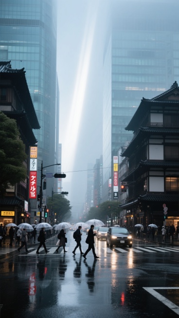 清晨薄雾笼罩下的东京涩谷十字路口，现代玻璃幕墙高楼与传统日式建筑交织，冷色调晨光从楼宇间隙斜射，路面湿润映出霓虹招牌倒影，行人们撑着透明雨伞有序穿行，车流缓慢移动，整体呈现清冷通透的城市氛围，低饱和度色调，写实摄影风格，中景仰拍视角，展现繁忙都市的静谧清晨景象。预览效果