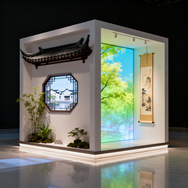 一个方形小型展示空间，墙面分别用中式屋檐、江南特色窗景、装饰植物等元素作为软装布置，用来展示竖向的中式卷轴画，通过投影渲染让整个空间呈现春夏秋冬四季变化的氛围，新中式禅意美学，空间明亮通透，设计感强预览效果