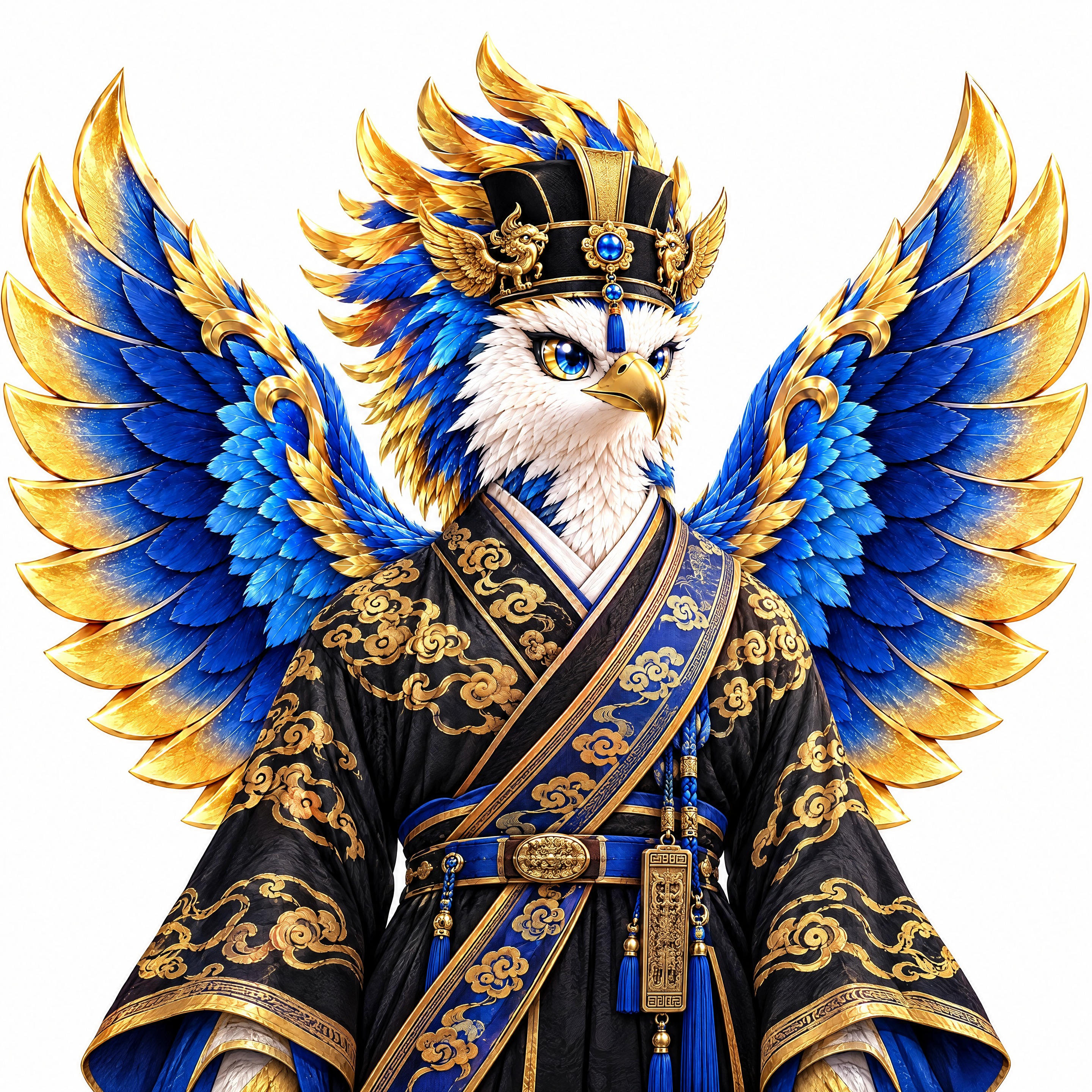 保持这只蓝金色翅膀老鹰神兽的形象、羽毛质感和威武风格完全不变，… - 图片创意预览