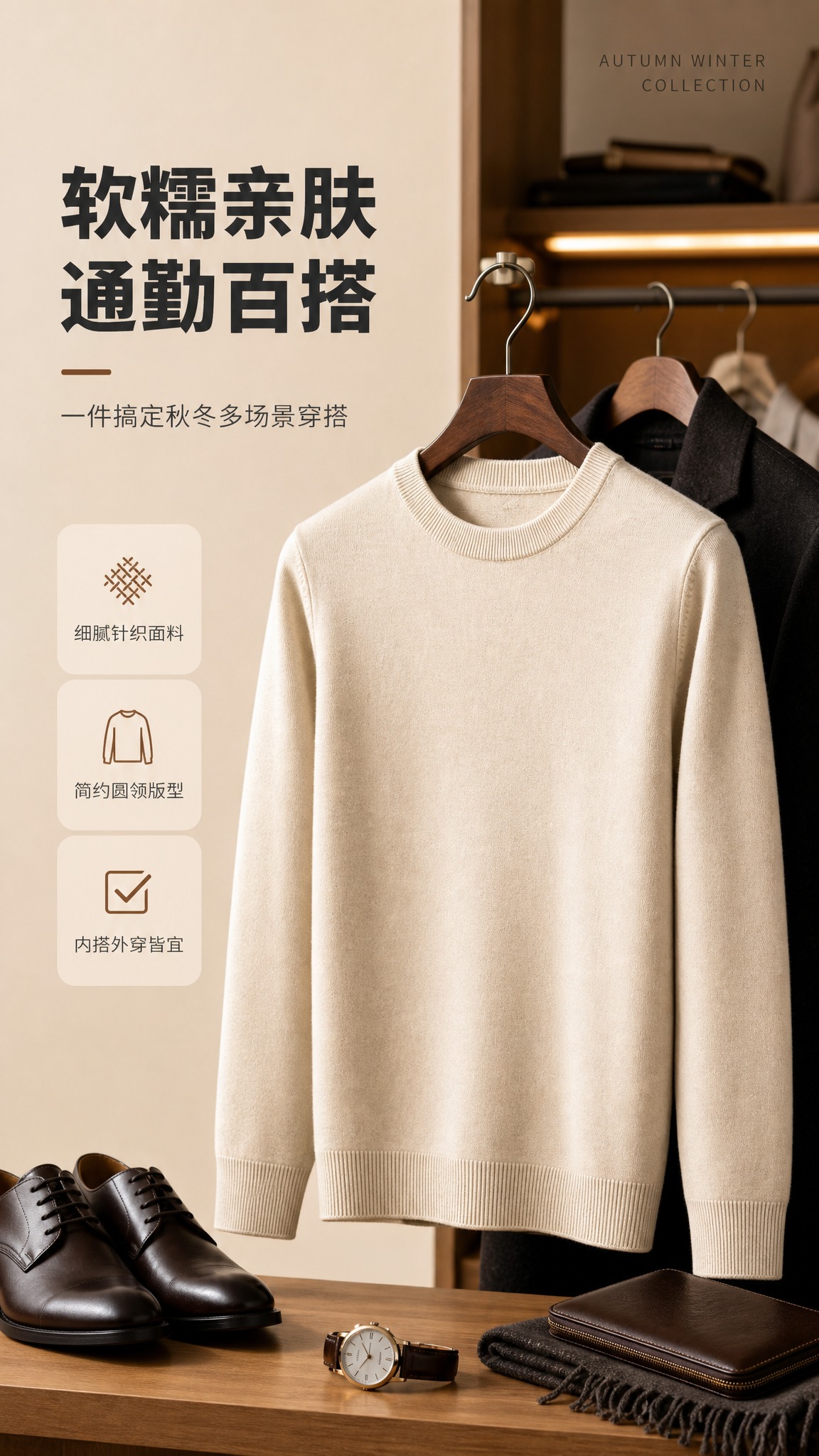 [商品] 使用【图1】燕麦杏色男士圆领针织毛衣；商品处理：保留… - 图片创意预览