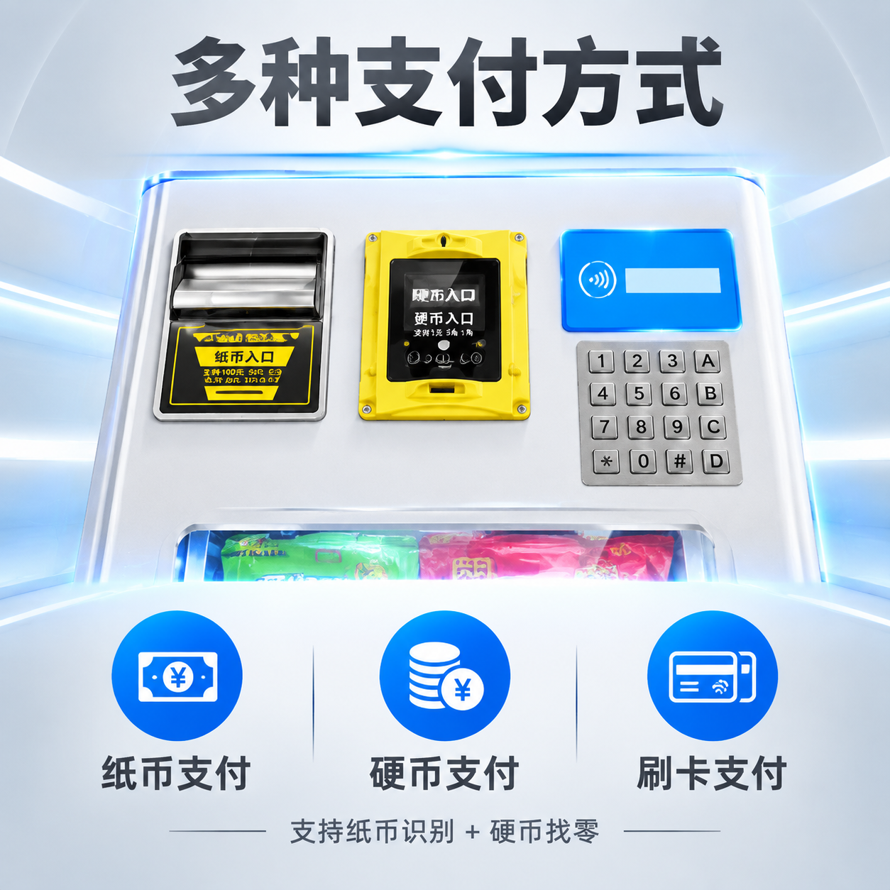 [商品] 使用【图1】白色款自助售货机，重点展示顶部支付区域；… - 图片创意预览