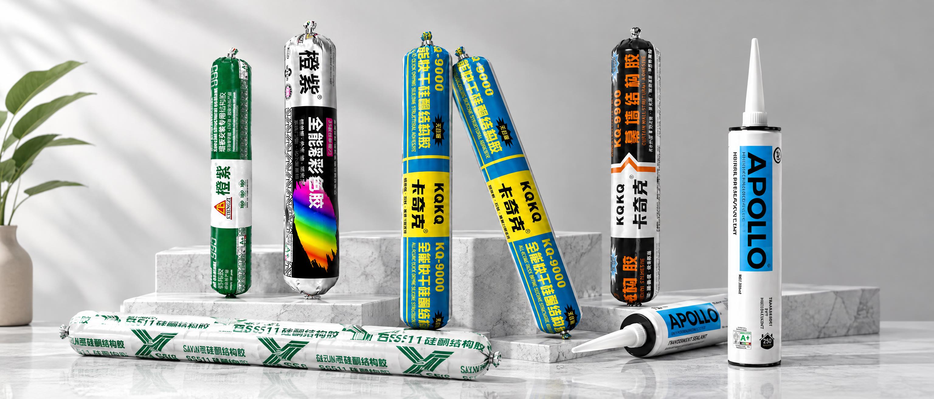 6款不同品牌和包装的结构胶密封胶产品整齐摆放在现代简约的浅灰色… - 图片创意预览