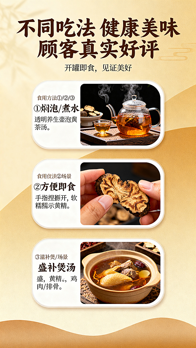 竖版9:16九制黄精食用方法介绍详情页，顶部标题+副标题，下方为3组横向排列的食用场景卡片，每组包含文字说明+场景实拍，层次分明信息清晰，和整套详情页卡片式排版逻辑统一。整体背景为暖棕米黄色渐变底色，每组卡片使用白色圆角框，干净清爽，契合整套详情页国风调性。风格为新中式国风商业详情页设计，写实美食养生场景摄影，温馨治愈质感，和整套古朴雅致风格完全匹配，细节真实突出食用场景与口感。整体延续暖棕大地色系，主色调为米棕、暖黄、深黑，搭配茶汤琥珀色、汤品暖棕色，光线明亮柔和，还原食材与场景真实质感，和整套暖调光影氛围协调统一。文案元素：顶部深棕色书法主标题“不同吃法 健康美味 顾客真实好评”，副标题“开罐即食，见证美好”；每组卡片标注“食用方法①/②/③”：①焖泡/煮水：透明养生壶里泡着黄精茶汤，搭配小茶杯和茶点；②方便即食：手指捏着掰开的软糯黄精，展示内部质感；③滋补煲汤：一碗盛有黄精、鸡肉/排骨的滋补汤品，每组搭配对应说明文字，字体风格与整套保持一致，排版工整。细节：养生壶茶汤蒸汽、即食黄精软糯纹理、煲汤食材质感清晰可见，整体光线均匀柔和无硬阴影，和整套暖调光影古朴质感完全统一，融入系列不突兀