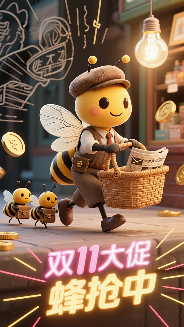 复古手绘报纸质感，带着复古贝雷帽的蜜蜂（身着老式百货店员服装）提着藤编购物篮迈步，3 只小蜜蜂抱着复古邮差包（包上露出红包角）跟随，背景用线条感的复古金币、手绘射线装饰，画面下方是老式灯泡点缀的复古霓虹灯字 “双 11 大促 蜂抢中”。