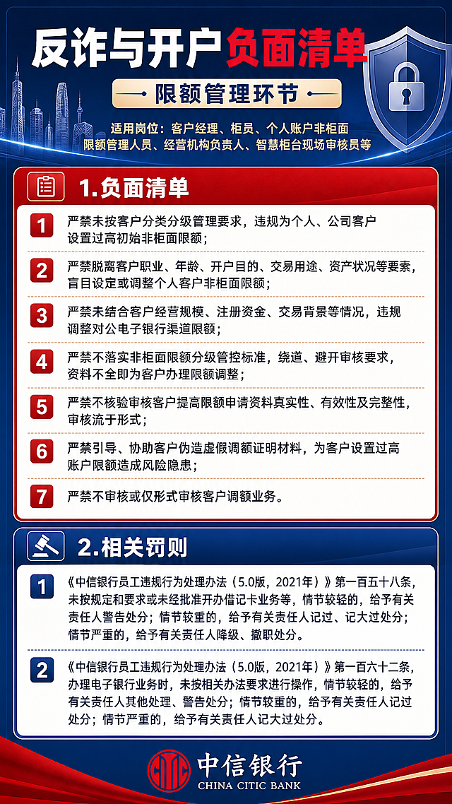 一张正式专业的银行合规宣传竖版长图海报，主题为「反诈与开户负面清单」。深蓝与红色为主色调，庄重严肃的金融合规风格。画面顶部大标题区：主标题「反诈与开户负面清单」，副标题「限额管理环节」，下方小字标注适用岗位：客户经理、柜员、个人账户非柜面限额管理人员、经营机构负责人、智慧柜台现场审核员等。中间主体区域分为两大板块，用分隔线和色块区分。第一板块标题「1.负面清单」，下方以编号列表形式清晰呈现7条内容：（1）严禁未按客户分类分级管理要求，违规为个人、公司客户设置过高初始非柜面限额；（2）严禁脱离客户职业、年龄、开户目的、交易用途、资产状况等要素，盲目设定或调整个人客户非柜面限额；（3）严禁未结合客户经营规模、注册资金、交易背景等情况，违规调整对公电子银行渠道限额；（4）严禁不落实非柜面限额分级管控标准，绕道、避开审核要求，资料不全即为客户办理限额调整；（5）严禁不核验审核客户提高限额申请资料真实性、有效性及完整性，审核流于形式；（6）严禁引导、协助客户伪造虚假调额证明材料，为客户设置过高账户限额造成风险隐患；（7）严禁不审核或仅形式审核客户调额业务。第二板块标题「2.相关罚则」，下方呈现2条罚则：（1）《中信银行员工违规行为处理办法（5.0版，2021年）》第一百五十八条，未按规定和要求或未经批准开办借记卡业务等，情节较轻的，给予有关责任人警告处分；情节较重的，给予有关责任人记过、记大过处分；情节严重的，给予有关责任人降级、撤职处分。（2）《中信银行员工违规行为处理办法（5.0版，2021年）》第一百六十二条，办理电子银行业务时，未按相关办法要求进行操作，情节较轻的，给予有关责任人其他处理、警告处分；情节较重的，给予有关责任人记过处分；情节严重的，给予有关责任人记大过处分。底部标注「中信银行」。整体版式精美，信息分区清晰，编号列表规整，高对比文字确保易读性，四周留有安全边距。画面中所有信息区域必须填充完整合理的内容，不得出现空白框或占位。画面中所有数字必须精确渲染，不得错位、遗漏或编造。