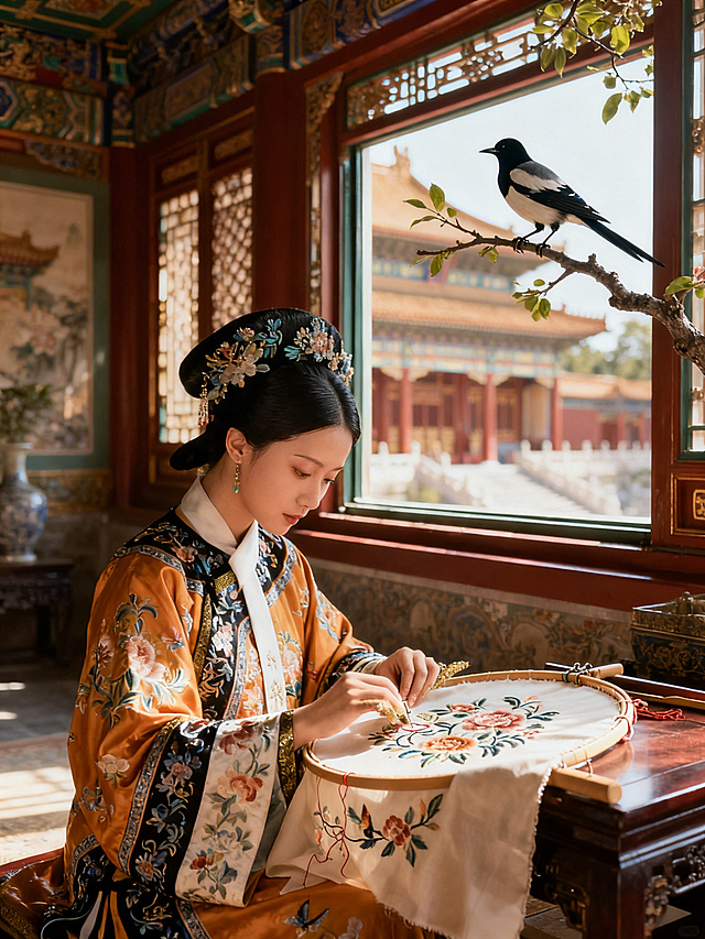 深宫内，宠妃正在绣花，看到窗外有喜鹊，3：4