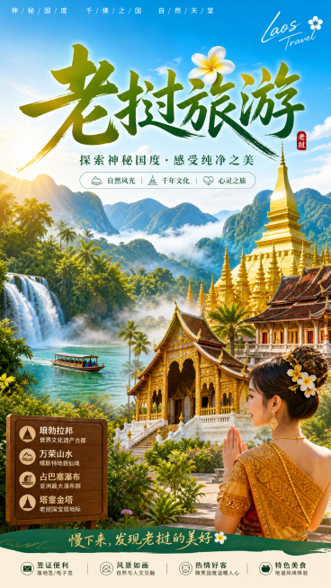 老挝旅游宣传海报，展示老挝经典景点，包含壮丽自然风景、特色寺庙建筑，搭配醒目的"老挝旅游"主题文字，风格清新治愈，色彩明快，吸引游客预览效果