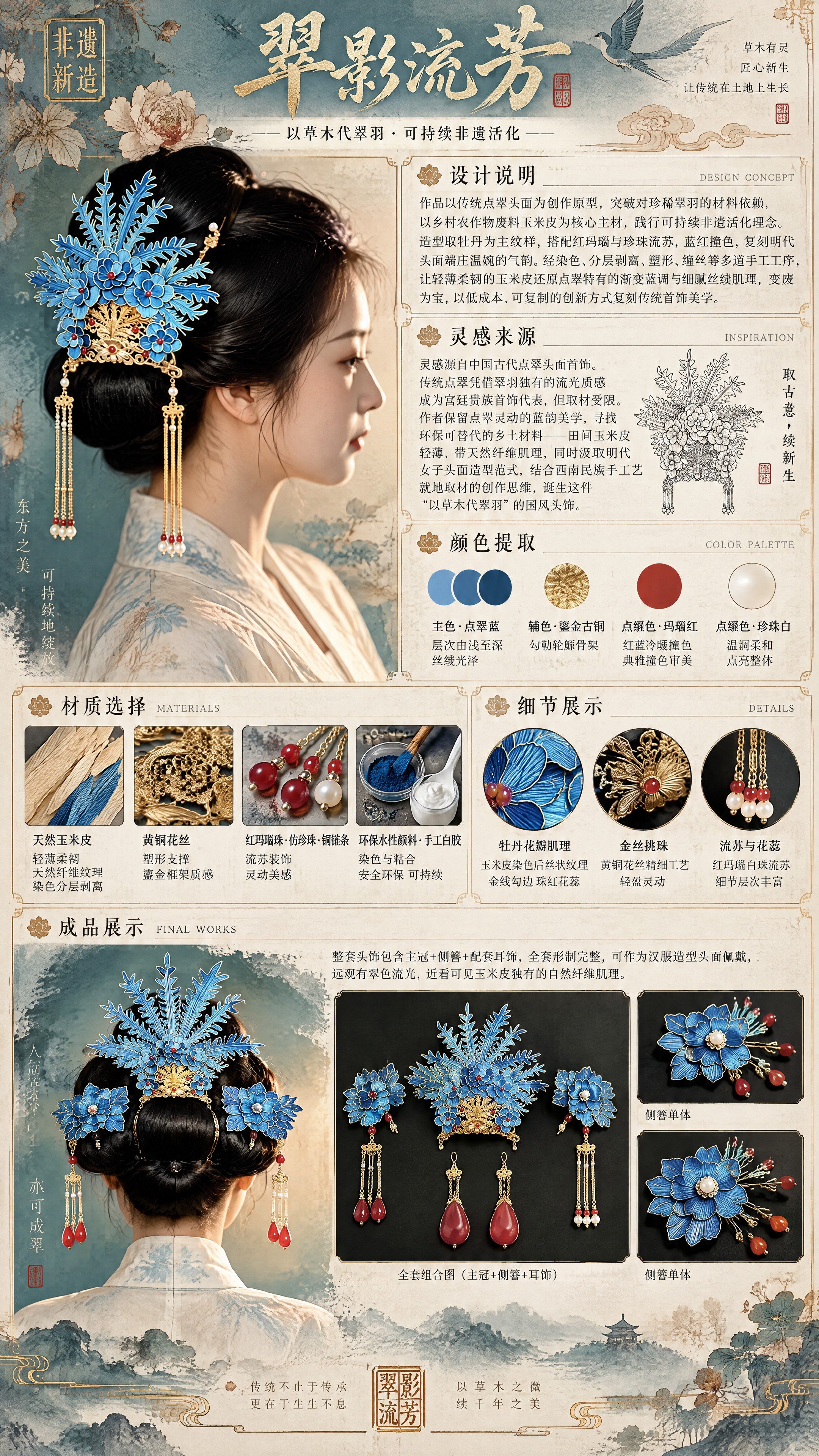 为《翠影流芳》玉米皮仿点翠头饰作品设计一张大赛冠军级全维度展示… - 图片创意预览