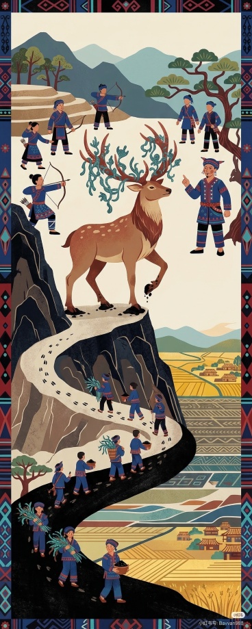全新扁平风格民族绘本插画，重新生成拉祜族迁徙起源故事：拉祜族人在山上打猎为生，猎到一只角缠水灵草、蹄夹黑土的大马鹿，大家认为这是神启，于是带着水灵草和黑土，顺着马鹿足迹去寻找肥沃的新家园，简化人物，突预览效果