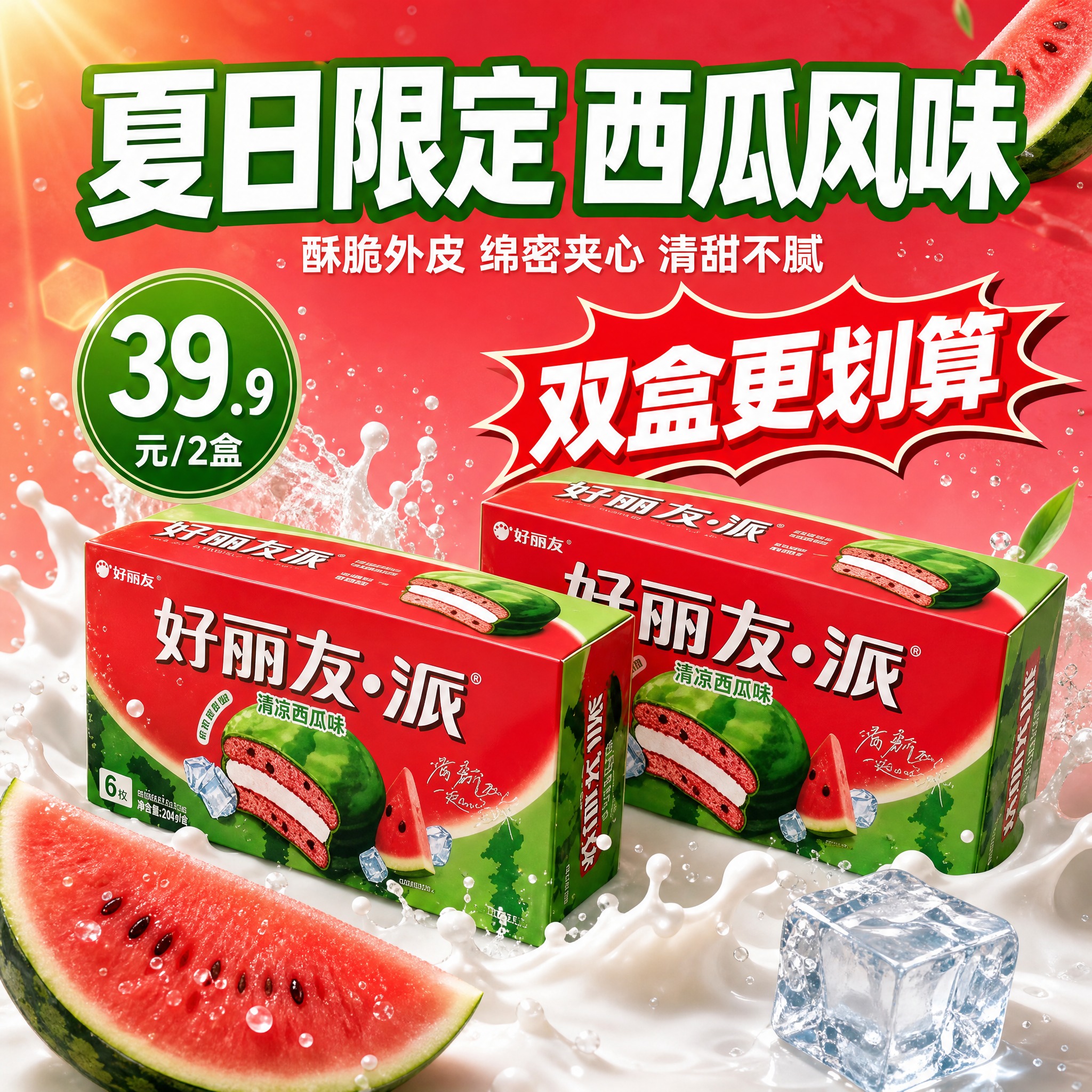 [主图-1] 夏日限定西瓜味好丽友派首图，突出双盒超值与清凉食… - 图片创意预览