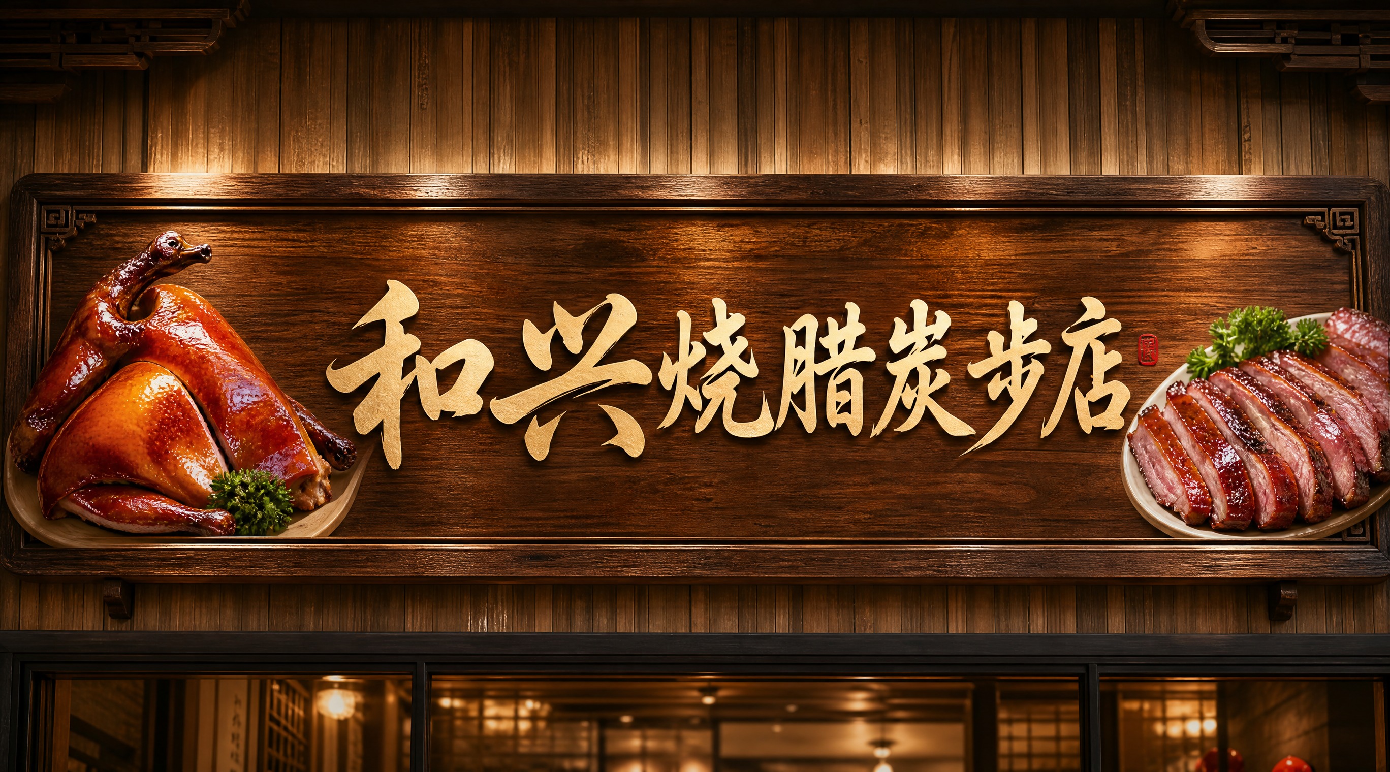 烧腊饭店店招设计，店名"和兴烧腊炭步店"，写实风格，横版构图，… - 图片创意预览