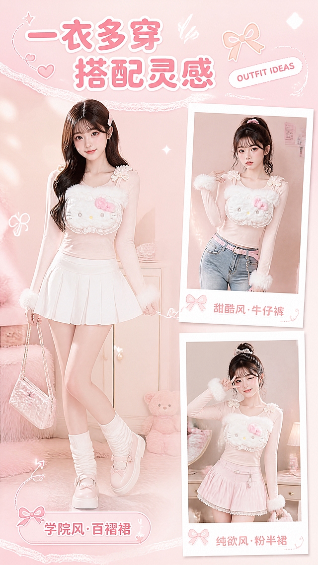 [商品] 使用【图1】浅粉色Hello Kitty毛绒挂脖长袖上衣；商品处理：保留Hello Kitty毛绒胸饰、粉色蝴蝶结、蕾丝花边、挂脖蝴蝶结肩带、袖口毛绒球、浅粉色面料、短款修身版型和长袖结构；自然去除面料褶皱，理顺垂坠，增强毛绒绒感、蕾丝纹理和面料质感，不改变版型、颜色和结构。
[画面] 目标：搭配灵感页，展示多种穿搭方式。构图：左大图右小图，左侧大幅亚洲少女模特穿着上衣+白色百褶裙的全身搭配图，右侧上下两张拍立得风格小图：上图=上衣+牛仔裤甜酷风，下图=上衣+粉色半身裙纯欲风。背景为浅粉色渐变，加手写风格装饰元素。
[视觉] 套系策略：风格=甜美少女风商业摄影，粉白暖调软萌氛围感；标题字=圆润可爱粗体字，带轻微描边；正文字=简洁圆润无衬线体；主色=樱花粉；背景延展=基于樱花粉做深浅渐变、同色系柔化和细腻纱质/毛绒质感；强调色=奶白色，用于小面积图标、引线和标签装饰；标题色=深粉色渐变；正文色=暖灰色；组件=圆角粉色信息卡、蝴蝶结装饰引线、蕾丝边边框；光影=正面柔暖柔光，带梦幻光晕效果。
[文字] 顶部主标题："一衣多穿 搭配灵感"，主标题旁加英文小字"OUTFIT IDEAS"；左侧大图下方标签："学院风·百褶裙"；右侧两张小图分别标注："甜酷风·牛仔裤"、"纯欲风·粉半裙"。文字横向排版，拍立得边框为奶白色。
[规格] 图片比例9:16竖版，分辨率4K，负向提示：避免变形、错字、文字过小、冷蓝背景、衣服颜色改变、版型失真、低俗擦边、极限词。