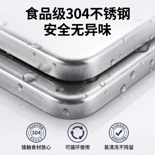 [主图 3] 材质细节展示：食品级安全材质
[氛围风格] 干净简洁，突出材质安全性
[画面元素] 商业摄影质感、光线柔和通透、产品清晰真实、画面干净高级。保持产品外观和原图一致，微距放大展示冰盘的不锈预览效果