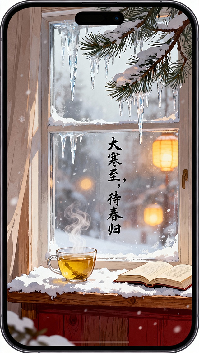 温馨插画风手机壁纸，大寒节气主题，画面下方是覆盖着薄雪的木窗台，窗台上放着一杯冒着热气的黄精茶和一本翻开的书，窗外是挂着冰凌的松枝与远处朦胧的暖黄色灯笼灯火，玻璃窗上用手写字体写着“大寒至，待春归”，色调以暖白、浅棕、暗红为主，营造出冬日室内的温暖与宁静氛围，高清8K。