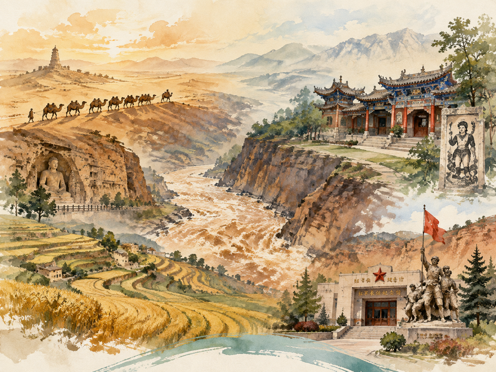 水彩笔手绘风格海报，非展板风格，画面展现甘肃地域自然风光与人文… - 图片创意预览