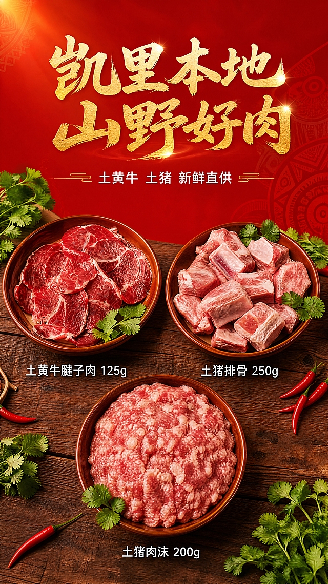 [第3张·山野好肉]
[商品] 使用【图6】土黄牛腱子肉、【图7】土猪排骨、【图8】土猪肉沫；将黑色塑封包装的肉沫改为土碗盛装；保留肉类的新鲜色泽和纹理；增强肉质的新鲜质感。
[画面] 页面目标：展示三种山野好肉，突出凯里本地土猪土牛品质。画面中三个土碗呈三角形排列在木质餐桌上：左上方土碗装土黄牛腱子肉（肉片新鲜红润，纹理清晰），右上方土碗装土猪排骨（肉块粉嫩带骨），下方土碗装土猪肉沫（肉沫颗粒分明粉嫩新鲜）。三个土碗都是棕黄色土陶碗，有民族质感。碗边点缀着新鲜香菜叶和红辣椒。背景是明亮的红色渐变，有淡淡的苗族暗纹。画面上方有「山野好肉」的标题区域。整体明亮有食欲，红色调，木桌场景。
[视觉] 套系策略：风格=黔东南山野苗侗风美食摄影，明亮有食欲；标题字=金色书法毛笔字，苍劲有力有光泽；正文字=白色细黑体；主色=鲜亮正红+暖木棕+金色；背景延展=明亮正红渐变+淡苗族蜡染暗纹+暖光晕染；强调色=亮金色；标题色=金色渐变带光泽；正文色=白色；组件=金色装饰边框+圆形图标+土碗土碟；光影=暖金色正面侧光，明亮通透，酸汤有高光油亮感，木桌有自然木纹质感。
[文字] 顶部金色书法大标题「凯里本地 山野好肉」，下方白色副标题「土黄牛 土猪 新鲜直供」。三个土碗下方分别有白色文字标注：「土黄牛腱子肉 125g」「土猪排骨 250g」「土猪肉沫 200g」。文字全部横排，清晰可读。
[规格] 9:16竖版，4K，避免变形、错字、模糊、暗黑、水印、平台Logo、二维码、绝对化用语。