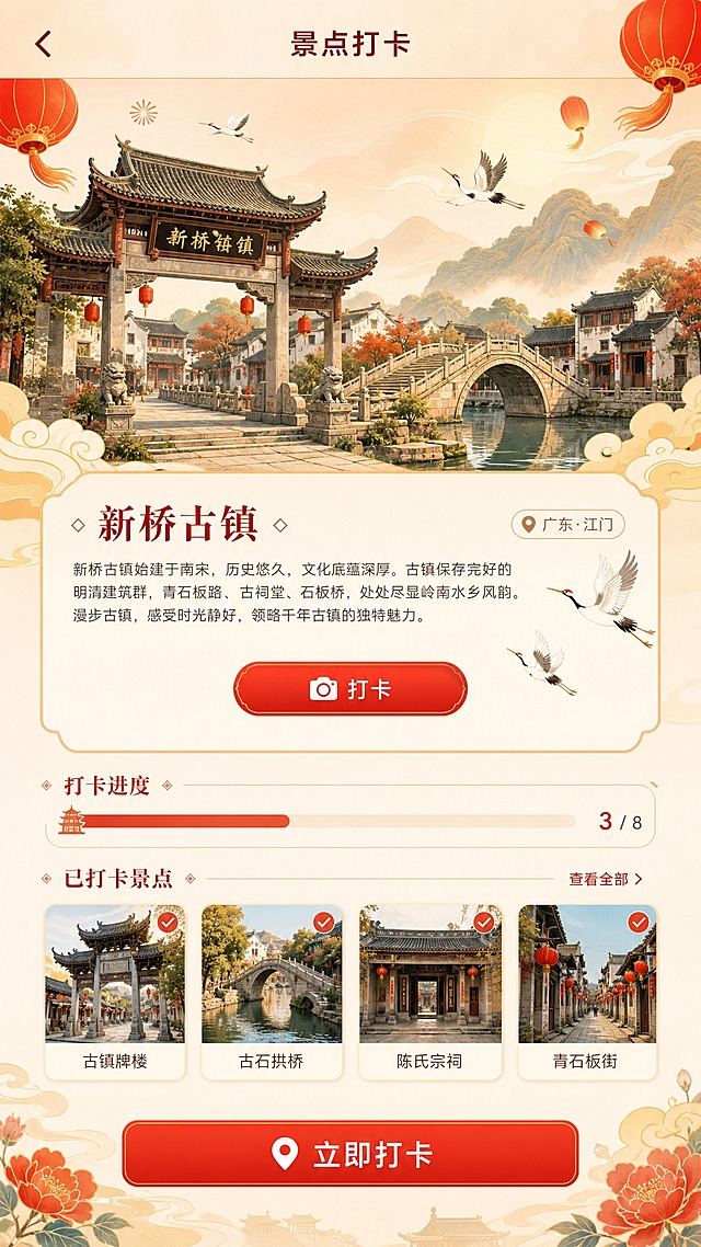 国风新中式插画风格，小程序景点打卡详情页面，竖版9:16。主色调红色庆祝欢乐干净。顶部导航栏：返回箭头 + "景点打卡"标题。页面上方是一张大幅景点插画（新桥古镇门楼+古桥+湖水），下方是景点介绍文字区：景点名称"新桥古镇"，简介文字若干行，配"打卡"红色按钮。页面中部有打卡进度条和"已打卡景点"横向滚动列表，显示3-4个小景点缩略图。底部有"立即打卡"大按钮。背景浅米黄渐变，整体红金配色，干净清爽，版式精美，2K超高清