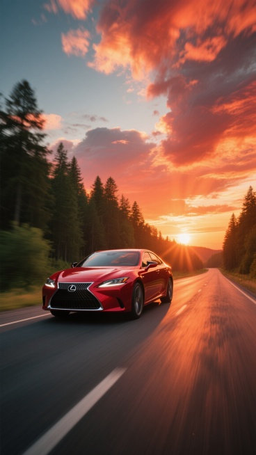 写实摄影风格，一辆红色轿车在公路上行驶，车头朝向画面左侧，车身呈现出流畅的线条和金属质感。背景是壮丽的日落景象，天空中布满了橙红色的云彩，阳光从云层中穿透出来，在地面上投下长长的光影。公路两旁是茂密的森林，树木呈现出深绿色，与天空的暖色调形成鲜明对比。整体画面色彩浓郁，光影效果强烈，营造出一种动感和速度感，同时又带有一丝宁静和壮丽的氛围。预览效果