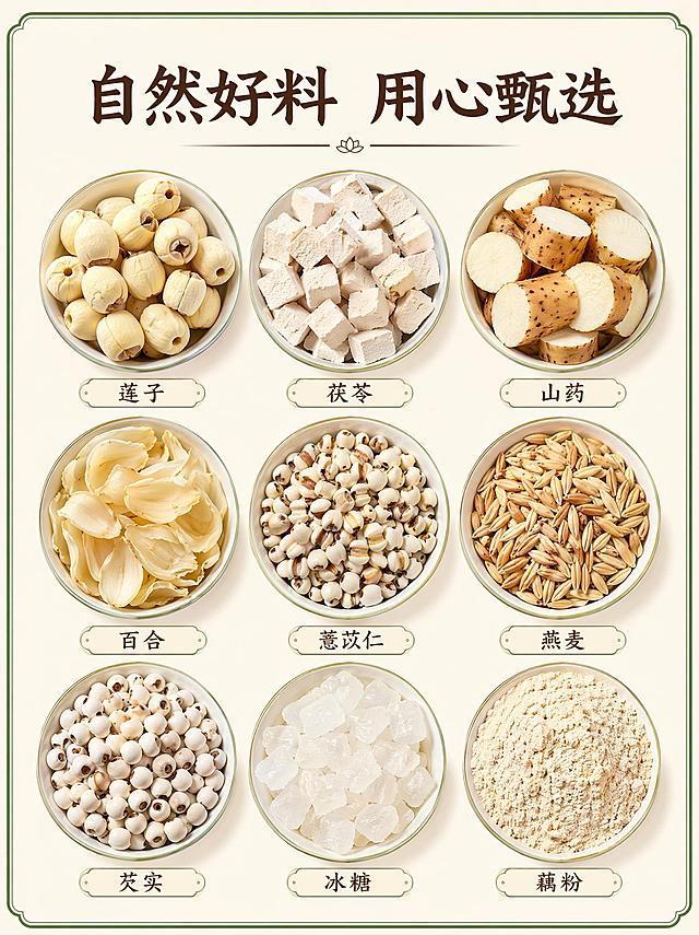 [第4屏] 本屏功能定义：善养源九白四拾藕粉甄选原料展示，多种食材微距平铺。无需展示产品包装整体。
[氛围/风格] 天然真实氛围，干净浅底，食材新鲜自然，高级食材摄影质感。
[元素布局] 采用网格平铺版式，将九种核心原料莲子、茯苓、山药、百合等依次排列，每种食材微距特写，单种食材占屏约15%，整体填满画面，让消费者直观看到好原料。
[光影质感] 均匀柔光，每个食材纹理都清晰可见，阴影层次自然。
[配色色系] 全局底色 #f8f3e6，主色原料自然色，辅助色浅绿边框，深棕色文字标签。
[视角构图] 俯视平铺拍摄，整齐网格排列，清晰展示每一种食材。
[文字版式] 顶部主标题「自然好料 用心甄选」，每个食材下方标注食材名称，标签式设计，文字清晰小而不挤。全程采用和首屏相同标题字形，统一字色不超过2种。
[比例分辨率] 3:4竖版比例，2K分辨率，文字清晰可辨，高清画质。
[负向提示词] 食材模糊，排列杂乱，水印，文字过小，颜色偏差