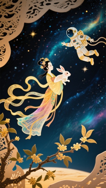 嫦娥怀抱玉兔奔月，悬浮飞翔于夜空，与宇航员交错飞翔，构图新颖，大胆夸张，飘逸，前景有桂花树枝，背景是浩瀚宇宙预览效果