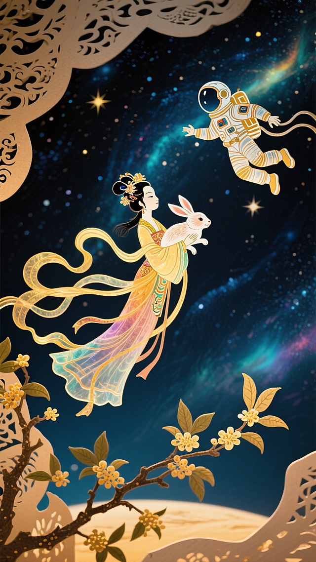 国潮风插画，嫦娥怀抱玉兔飞向星空，宇航员穿梭其间，剪纸边框点缀，融合中式美学与未来科技，梦幻唯美，中秋佳节氛围浓郁。