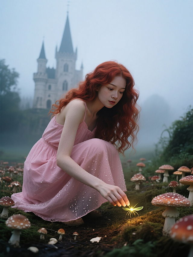 粉裙公主蹲在蘑菇林，指尖轻触发光萤火虫，裙摆沾着晨露，身后城堡尖顶穿透迷雾