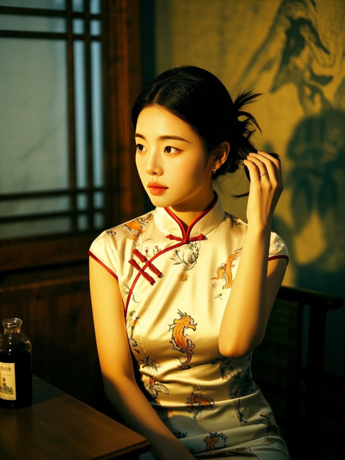 一个女生，艺术照，杏色旗袍，新中式写实背景预览效果