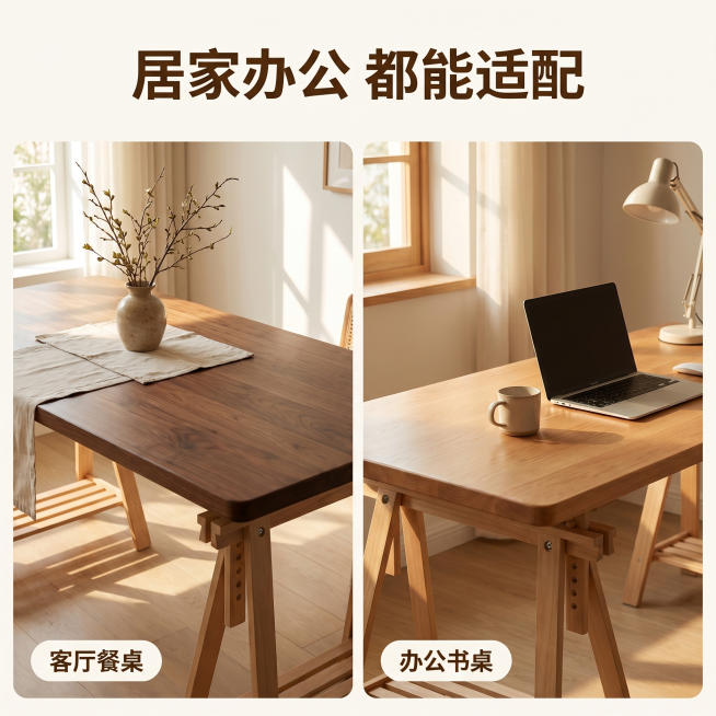 [主图 4] 实木桌面板多场景适配展示。
[氛围风格] 温馨舒适家居治愈风；
[画质] 商业摄影质感、光线柔和通透、产品清晰真实、画面干净高级。
[元素] 左右两格拼图展示，左格是实木桌面板用作客厅餐预览效果