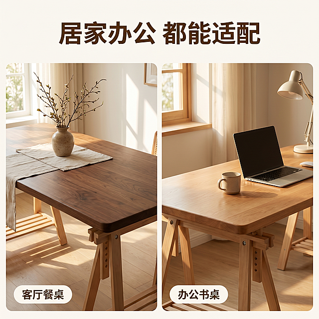 [主图 4] 实木桌面板多场景适配展示。
[氛围风格] 温馨舒适家居治愈风；
[画质] 商业摄影质感、光线柔和通透、产品清晰真实、画面干净高级。
[元素] 左右两格拼图展示，左格是实木桌面板用作客厅餐桌场景，右格用作书房办公桌场景；保持桌面板本身材质颜色纹理与输入产品图一致，同一光源方向，光影统一。每个场景搭配简单软装，不抢产品主体。整个画面满版排列，无边框。
[光影] 整体都是暖调自然光，光影方向统一，柔和明亮，每个场景光影自然协调。
[配色] 整体保持原木暖棕+浅素背景，温馨统一，左右场景配色协调。
[视角构图] 双宫格等比例构图，每个场景都是平视视角，主体突出。
[文字版式] 顶部主标题居中写「居家办公 都能适配」，深棕色加粗；每个宫格左下角标注场景名称，左「客厅餐桌」右「办公书桌」，浅色小胶囊标签，深棕色字，不遮挡桌板主体。
[比例分辨率] 1:1 比例，2k 分辨率；文字清晰锐利，画面超高清。
[负向提示词] 变形，水印，文字错乱，产品图模糊，背景杂乱，牛皮癣，配色刺眼，遮挡主体。