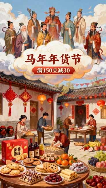 中国插画风格，各路神仙在云端看着人间的人们正在为新年做准备，院子桌子上摆放如图物品，还有很多美酒水果，一番其乐融融的景象。院子装饰中国结、灯笼元素，整体式暖色调喜庆氛围。画面居中上方有朵祥云写着“马年预览效果