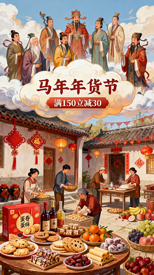 国潮风插画，融合中式古典元素与重拟物设计，水彩质感渲染喜庆年味，展现马年年货节热闹场景，满150立减30促销信息突出。